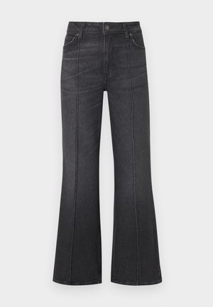 Zwarte wijde jeans met een hoge tailleband, voorzien van voorzakken en contrasterende stiksels langs de naden, gemaakt van denimstof.