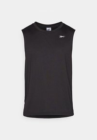 T-shirt de sport sans manches noir en tissu léger. Présente un col rond et un petit logo sur la poitrine. Texture lisse.