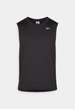 Sort ærmeløs sportsbluse lavet af letvægtsstof. Har en rund halsudskæring og et lille logo på brystet. Glat tekstur.