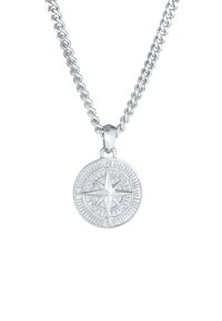 Silberne Halskette mit rundem Kompass-Anhänger, der eingravierte Richtungsdetails und eine polierte Oberfläche aufweist.
