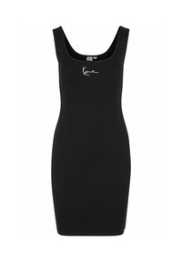 Juodas raukšlėtas kūno formos suknelė su apvaliu iškirpimu ir plačiomis petnešomis. Priekyje yra balta siuvinėta logotipas. Lygus audinys, prigludusi forma.