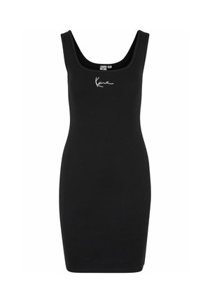 Melnas ribotas ķermeņa formas kleitas ar iegrieztu dekoltē un platām siksnām. Priekšpusē ir balts izšūts logotips. Gluda tekstūra, cieši pieguļošs siluets.