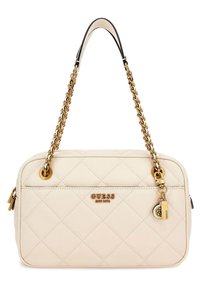 Valkoinen, nahkainen pehmustettu käsilaukku, jossa on kultaketjuolkain ja logotyyli. Mukana pieni riippulukko-kaulakoru vetoketjussa.