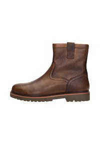 Bruine leren enkelboots met een gestructureerde afwerking, ontworpen met een trekhaak aan de achterkant en een stevige rubberen zool voor grip.