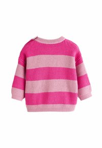 Stickad tröja med horisontella randar i rosa och ljusrosa, med ribbat mönster, rundad halsringning och korta ärmar.
