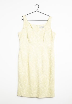 Mouweloze jurk met een satijnachtige uitstraling in lichtgeel met een bloemmotief. Getailleerd ontwerp met een V-halslijn en een verborgen rits aan de achterkant.