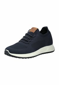 Navy blue knitted athletic shoe with a tan leather accent at the heel, lace-up design, textured upper, and white midsole with rubber tread.