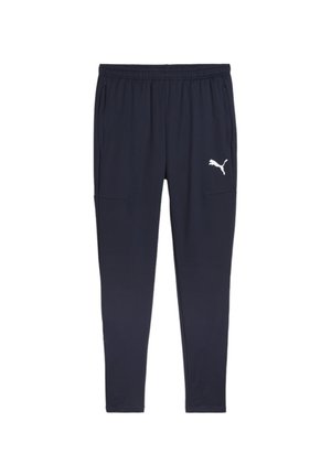 Marineblauwe sportbroek met elastische tailleband, twee zijzakken en een wit Puma-logo. Gemaakt van gladde stof met een taps toelopend design.