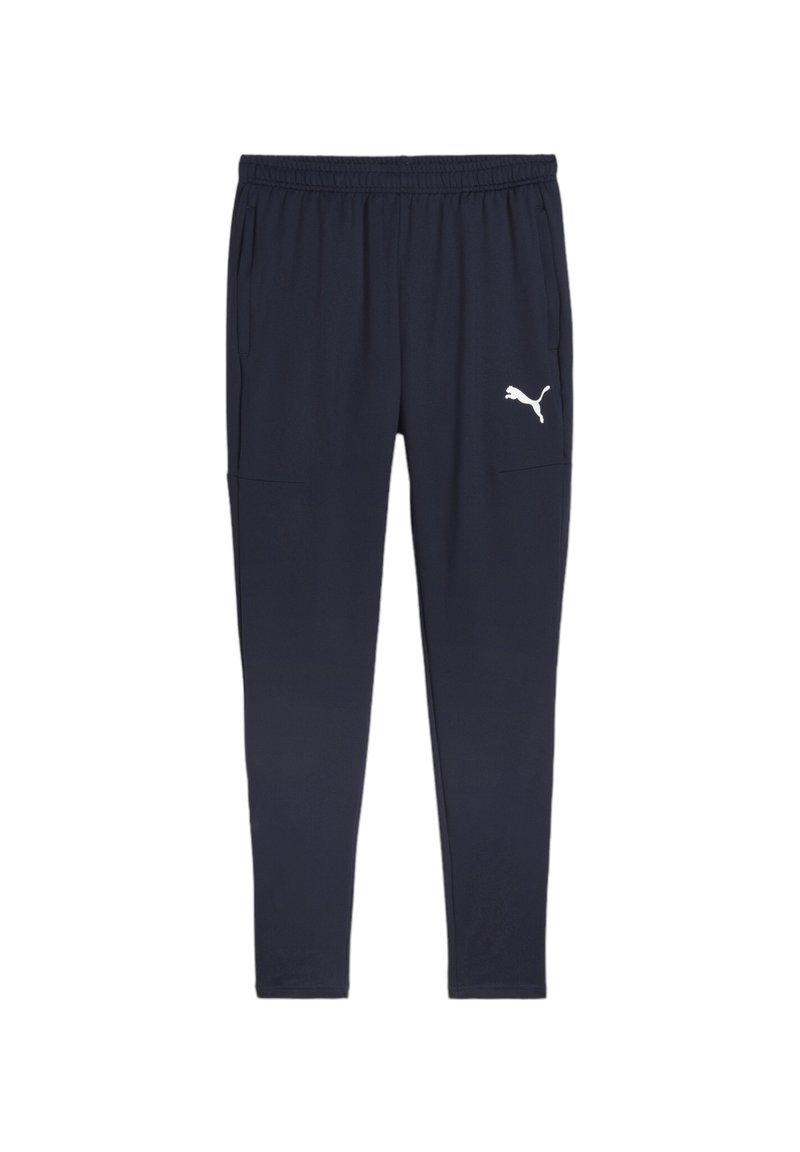 Marinefarbene Sporthose mit elastischem Bund, zwei Seitentaschen und weißem Puma-Logo. Hergestellt aus glattem Stoff mit schmal zulaufendem Bein.