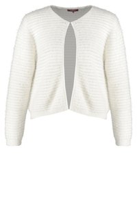 Cardigan blanc à manches longues, ouvert sur le devant, avec des rayures horizontales texturées et un col rond.
