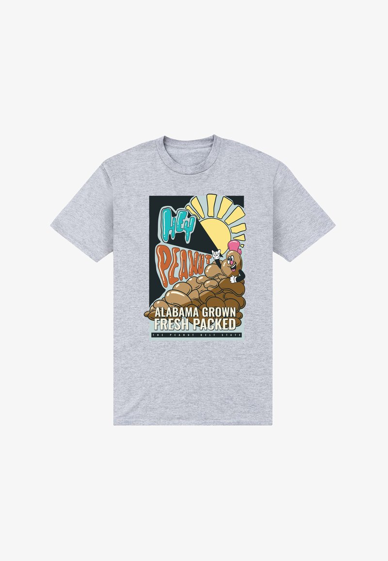 Szara koszulka z grafiką uśmiechniętego orzeszka w kapeluszu, słońca i napisem "Cześć Orzeszku, Alabama Grown Fresh Packed."