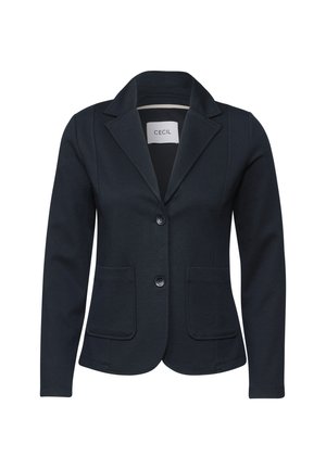 Mørkeblå blazer med spidse klapper, to forlommer og to knapper. Glat stof, skræddersyet pasform og rene linjer. Etiket med teksten "CECIL."