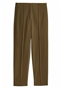 Brown tailored trousers with a flat front, two pleats, tapered legs, and a smooth texture, featuring a subtle sheen in the fabric.