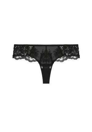 Schwarzer Spitzen-String mit floraler Stickerei und gewellten Kanten, entworfen aus transparentem Netzstoff und dekorativen Mustern.