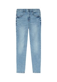 Gai zili džinsi ar šauru piegriezumu, ar klasisku piecu kabatu dizainu, vieglu nodilumu un metāla piederumiem uz jostas.