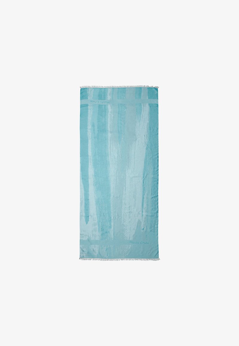 Sciarpa rettangolare azzurro chiaro con un motivo testurizzato a colpi di pennello; bordi frangiati; materiale morbido. Piccolo logo nell'angolo.
