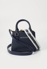 Small navy blue Valentino handbag with dual handles, detachable long strap, and white branded fabric shoulder strap.