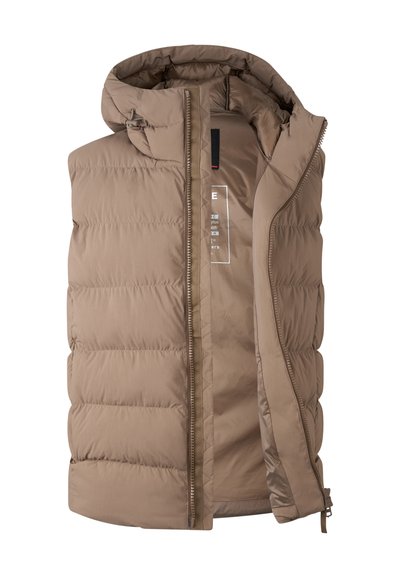 Beige Puffer-Weste mit Kapuze. Sie verfügt über gesteppten Abschnitte, einen Frontreißverschluss und ein glattes Innenfutter. Etikett sichtbar innen.