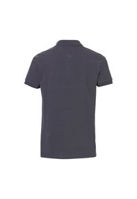 Donkergrijze polo met korte mouwen en een kraag, zonder zichtbare patronen of accenten, gemaakt van een gladde, licht rekbare stof.