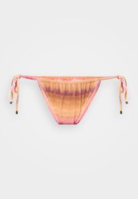 Bas de bikini en motif tie-dye avec des teintes de rose, pêche et lavande. Comprend des liens latéraux ajustables et un tissu doux et texturé.