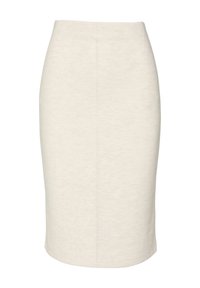 Jupe moulante à mi-mollet en tissu beige clair. Texture lisse avec une taille étroite et une couture centrale à l'arrière.