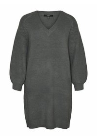 Vestido de punto gris de gran tamaño con escote en V, mangas globo acanaladas y tejido texturizado. A la altura de la rodilla y con un corte holgado.