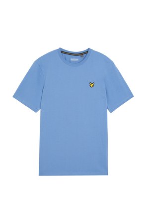 Lichtblauwe short-sleeve t-shirt van katoen, met een klein geel geborduurd vogellogo op de linkerborst en een ronde hals.