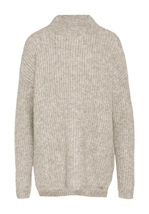 Beige gestrickter Pullover mit hohem Kragen, lockerer Passform und gerippter Textur. Mit überschnittenen Schultern und geradem Saum.