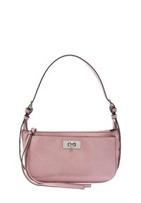 Różowa skórzana torebka o gładkiej fakturze, prostokątnym kształcie, srebrnym wykończeniu, krótkim uchwycie i odłączanym długim pasku.