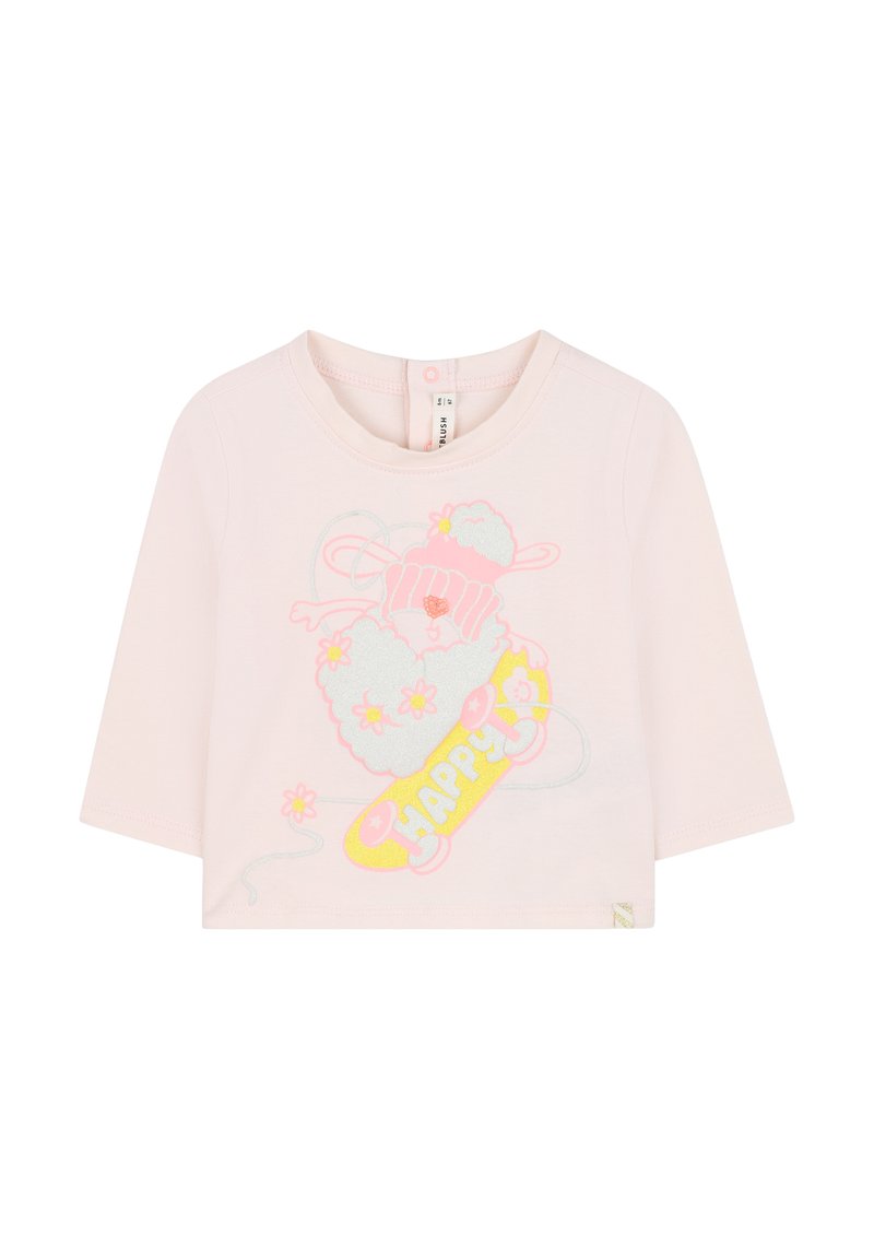 Camicia a maniche lunghe in cotone rosa chiaro con una grafica luccicante di un coniglio su uno skateboard e il testo "HAPPY" in giallo con accenti floreali.