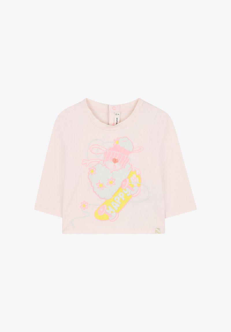 Lichtroze katoenen shirt met lange mouwen, versierd met een glinsterende afbeelding van een konijn op een skateboard met de tekst "HAPPY" in het geel en bloemaccenten.