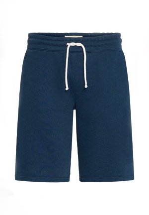 Navyblaue Sweatshorts aus Baumwolle, mit einem elastischen Bund, weißen Kordeln und einer glatten Textur mit Seitennähten.