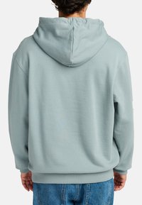 Light blue hoodie with a soft texture, adjustable drawstring hood, and ribbed cuffs and hem. No visible logos or patterns.