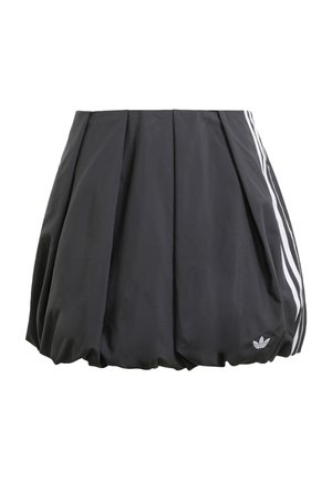 Zwarte geplooide rok met een textuurfinish, voorzien van witte zijkanten en een klein logodetail aan de zoom.