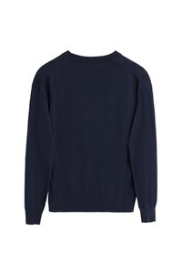 Pull bleu marine à manches longues avec col rond, poignets et ourlet côtelés, présenté à plat de dos sur un fond blanc.