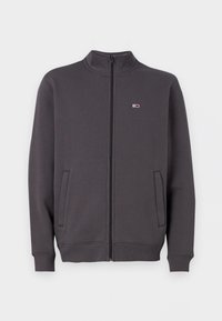 Grijze zip-up jack van zachte stof, met een staande kraag, twee zijzakken, ribgebreide manchetten en een klein logopatch op de borst.