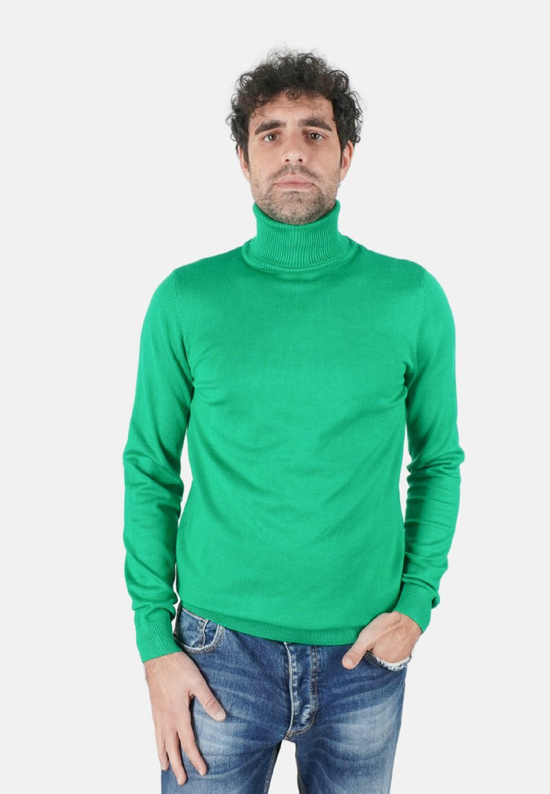 Maglione verde a collo alto in tessuto lavorato a maglia, con maniche lunghe e polsini a coste, abbinato a jeans blu per un look casual.