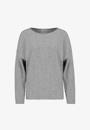 Gray knit sweater with a wide neckline, long sleeves, and a textured pattern. Relaxed fit with ribbed accents along the sleeves.