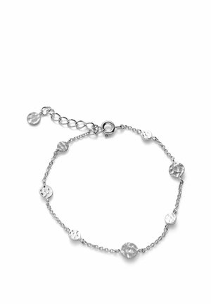 Srebrna zapestnica z majhnimi kladivno obdelanimi diski, enakomerno razporejenimi, z vzmetnim obročem in nastavljivo podaljšano verižico.