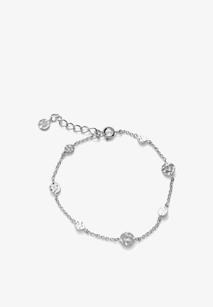 Brățară din lanț argintiu cu discuri mici ciocănite, spațiate uniform, prevăzută cu închizătoare cu inel de primăvară și lanț de extensie reglabil.