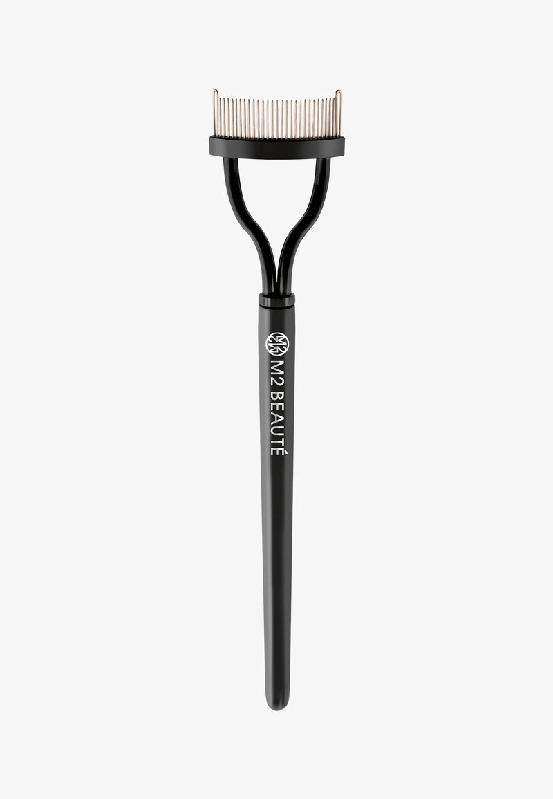 Black metal lash comb with a wide forked end, featuring thin, straight prongs and a tapered handle. "M2 BEAUTE" logo in white.