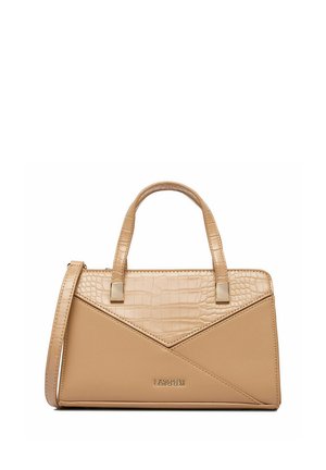 Béžová obdélníková kabelka s dvojitými uchy, horní část s krokodýlím vzorem, hladké spodní panely a nastavitelný ramenní popruh.