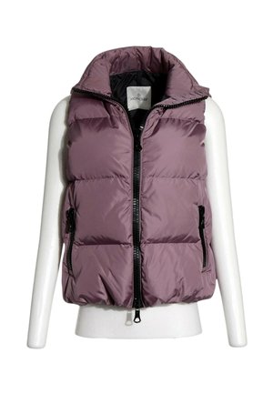 Lilla ærmeløs dunvest med sort lynlås og lommer, vist på en hvid mannequin-krop med synligt Moncler-mærke inde i kraven.
