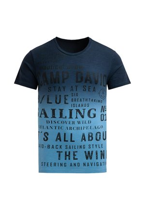 Navy blue t-shirt made of cotton, featuring a gradient design with bold black text and nautical-themed graphics, round collar, and short sleeves.