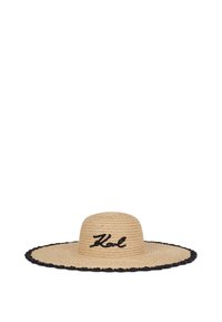 Cappello di paglia a falda larga con corona piatta, colore naturale e testo ricamato in nero "Kol." Presenta una finitura nera a zig-zag.