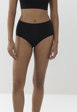 Schwarze hochgeschnittene Unterwäsche aus glattem Stoff, mit klassischem Schnitt und minimalen Details. Dehnbar und weich im Griff.