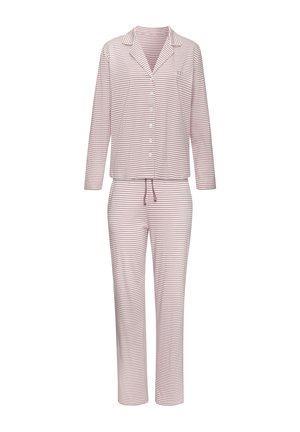 Langärmliges, geknöpftes Pyjamashirt und passende Kordelzughose mit dünnen horizontalen rosa und weißen Streifen.