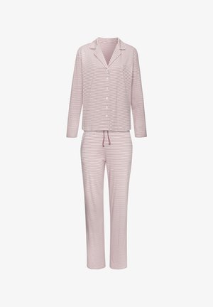 Langärmliges, geknöpftes Pyjamashirt und passende Kordelzughose mit dünnen horizontalen rosa und weißen Streifen.