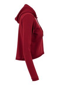 Sudadera corta de color marrón con mangas largas, capucha con cordones y puños acanalados. Hecha de una tela suave y elástica, con una textura lisa.