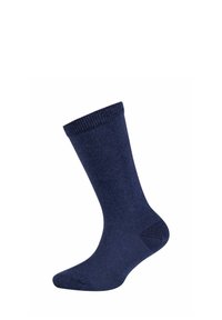 Calzino blu navy con polsino a coste, tallone rinforzato e punta, mostrato su uno sfondo bianco.